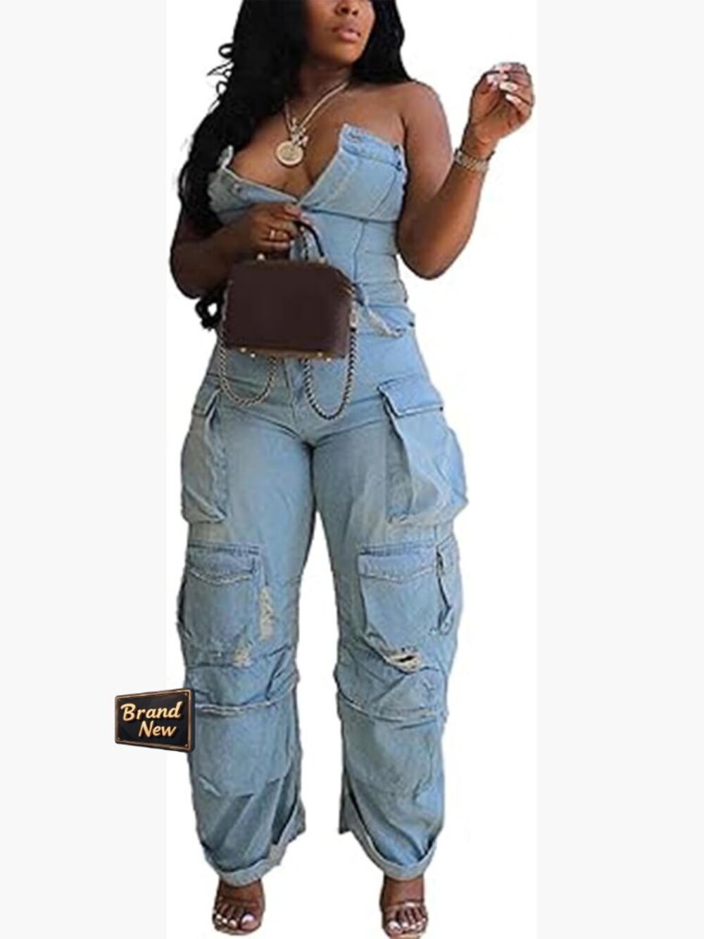Sleeveless Camo Jumpsuit with Cargo Pockets, Button Up, Loose Fit